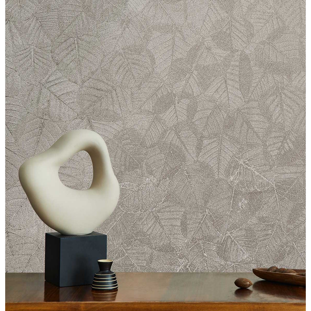 Papier peint feuillage texturé gris argenté beige, HEXOA