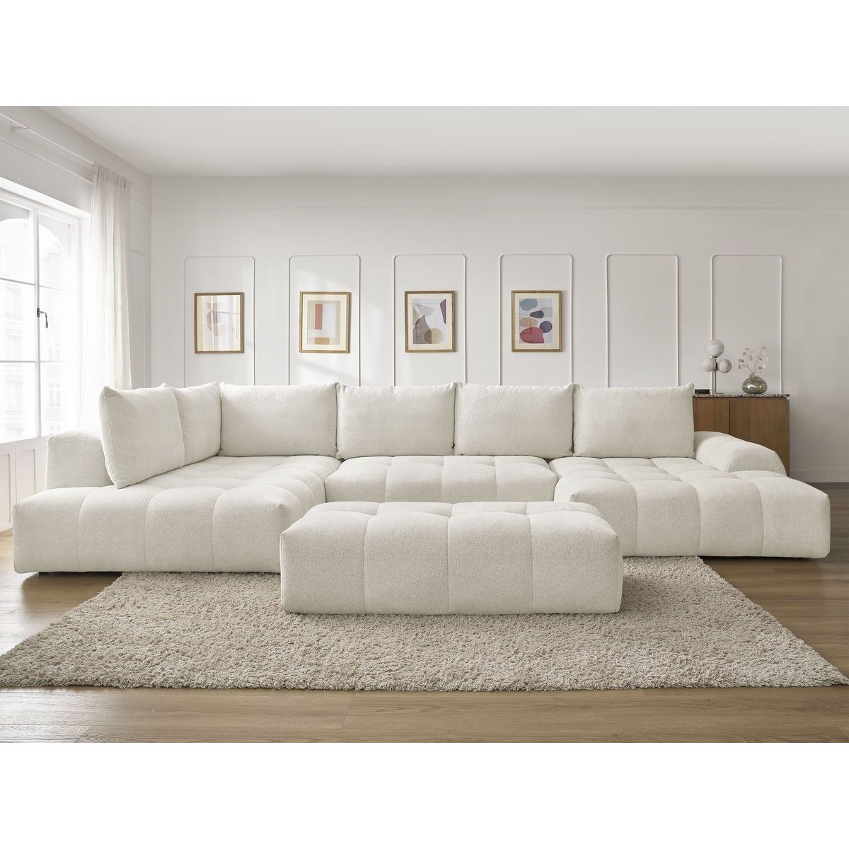 Canapé panoramique convertible 7 places en tissu chiné avec pouf, EVEREST blanc, BOBOCHIC
