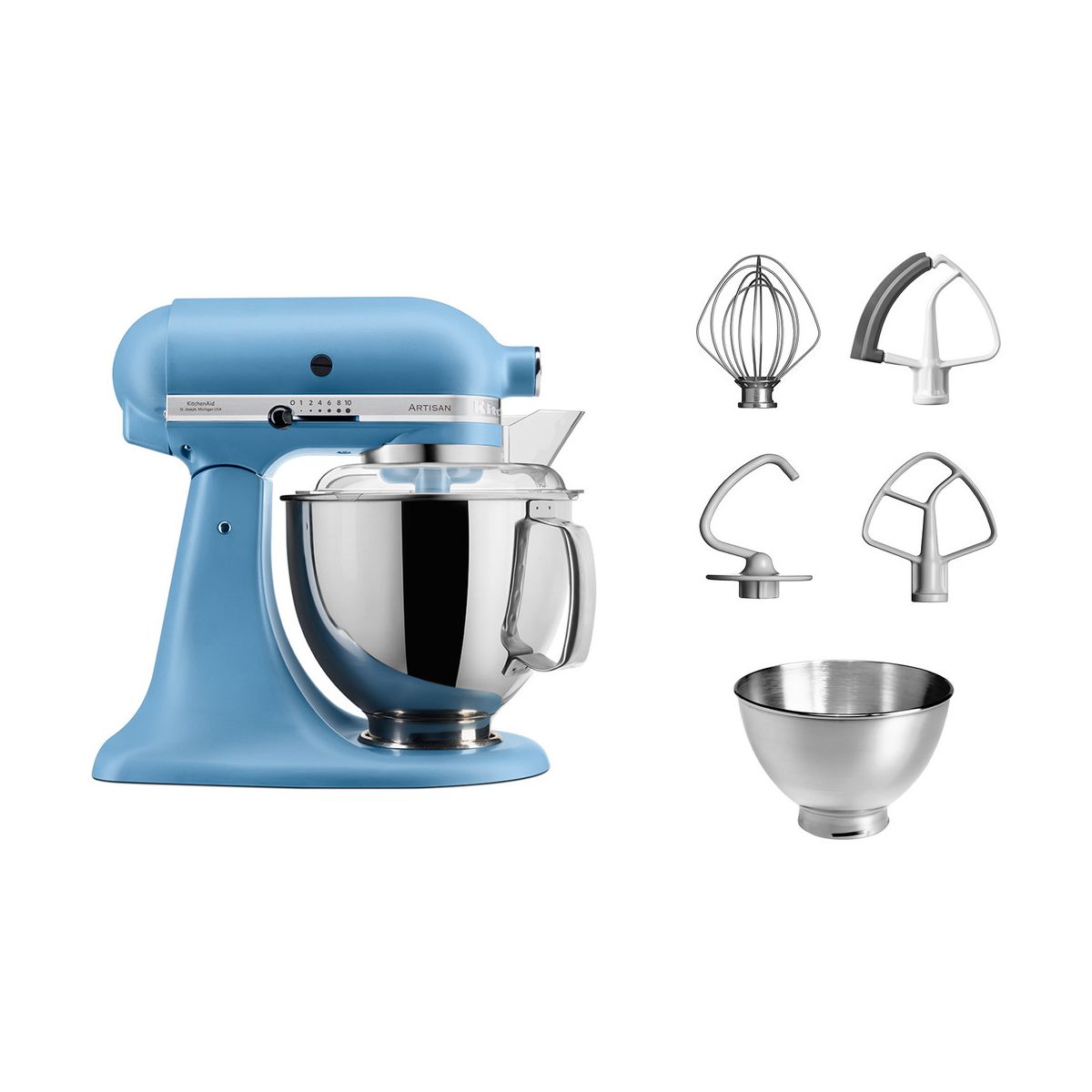 Robot pâtissier 5KSM175PSEVB bleu velvet, 4,8 L, bol avec poignée + bol 3 L, batteur souple et couvercle couleur unique, KITCHENAID