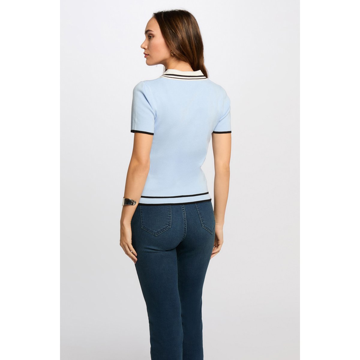 Pull col polo manches courtes bleu ciel, MORGAN