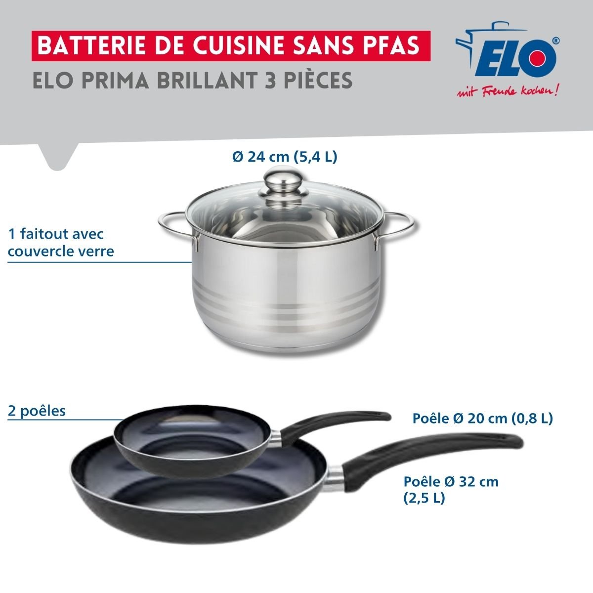 Batterie 2 poêles 20/32cm + 1 faitout 24cm PRIMA BRILLANT noir, ELO