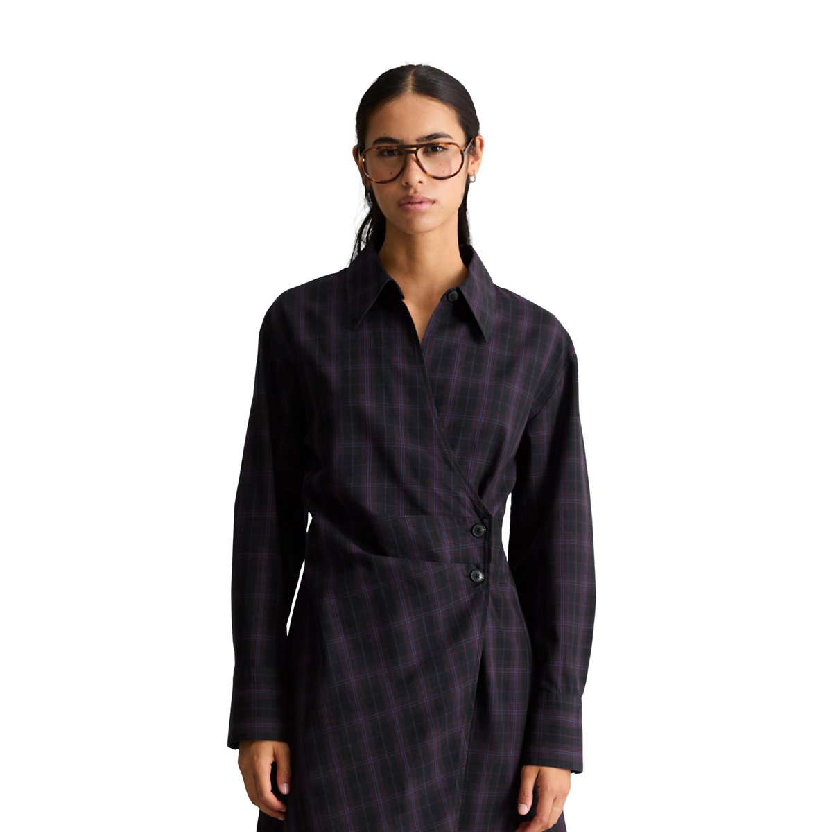 Robe ajustée en coton à carreaux avec effet drapé noir, MARC O’POLO DENIM