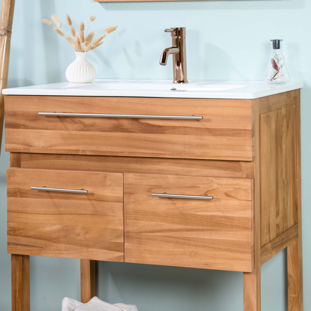 Meuble salle de bain en teck et céramique Bagster 80 cm crème, WANDA COLLECTION