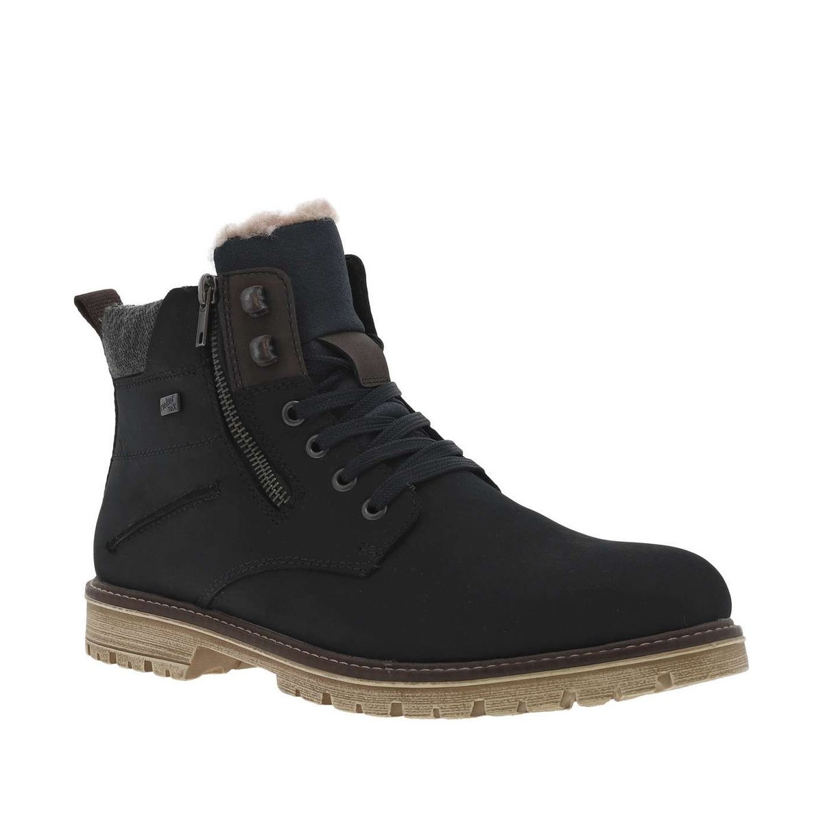 Bottines marine à talon plat et à lacets plats et zip avec doublure chaude marine, RIEKER
