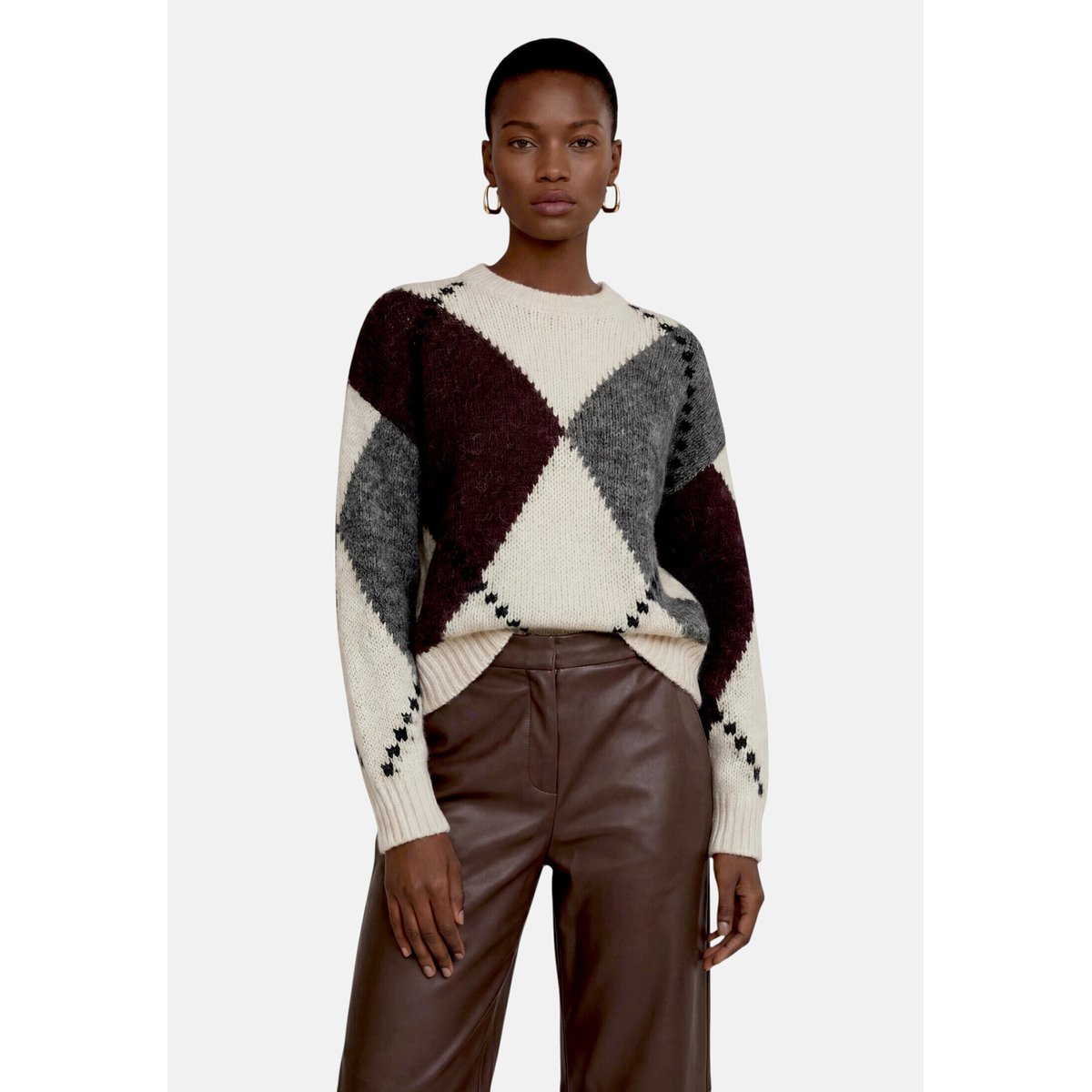Pull-over en grosse maille à motif intarsia patch cream/brown, ZERO