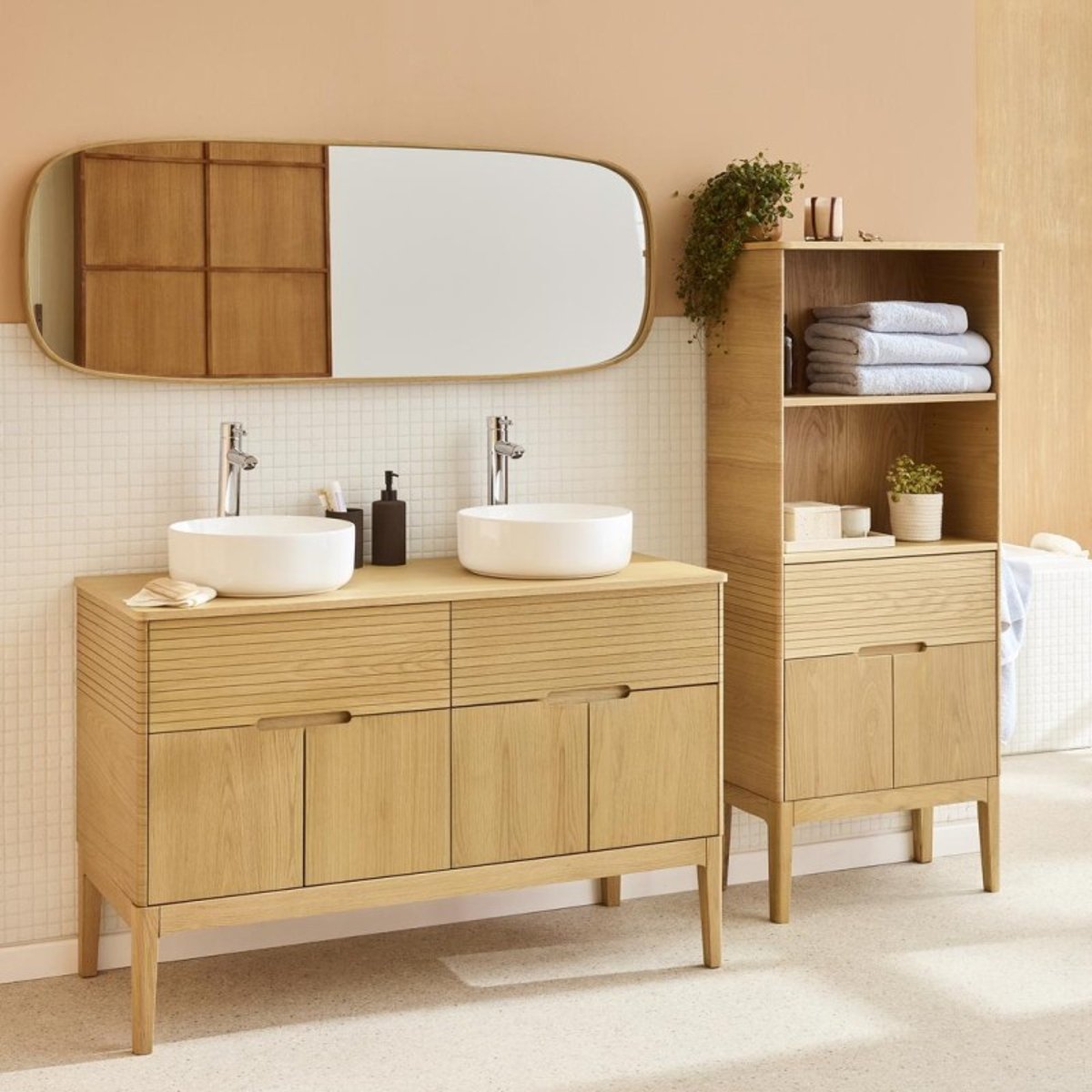 Ensemble meuble double vasque 120cm + vasque + robinet + miroir + colonne ALASKA chêne - mdf - mat, MOB IN