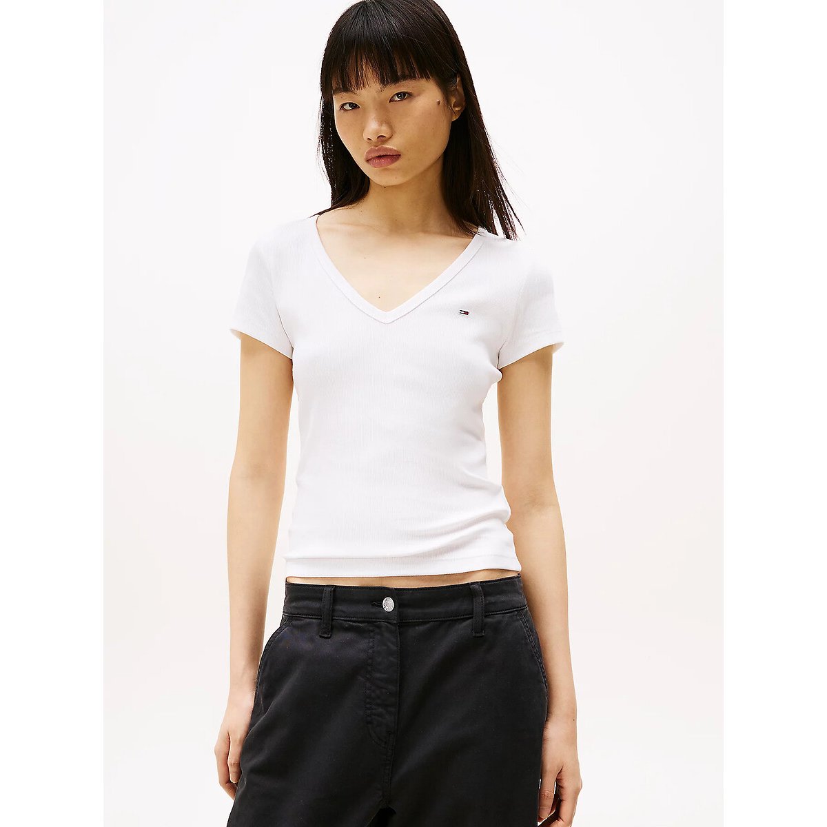 Embroidered Logo Cotton T-Shirt with V-Neck white, TOMMY JEANS