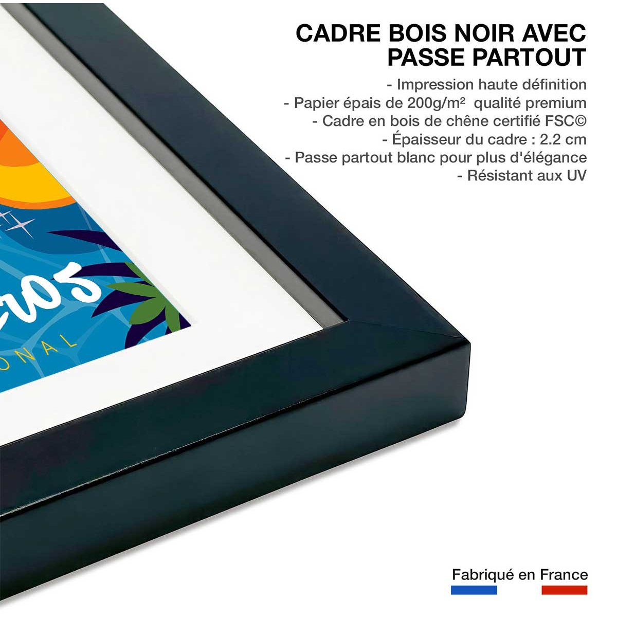 Poster de baignade à port cros affiche + cadre en bois - noir, HEXOA