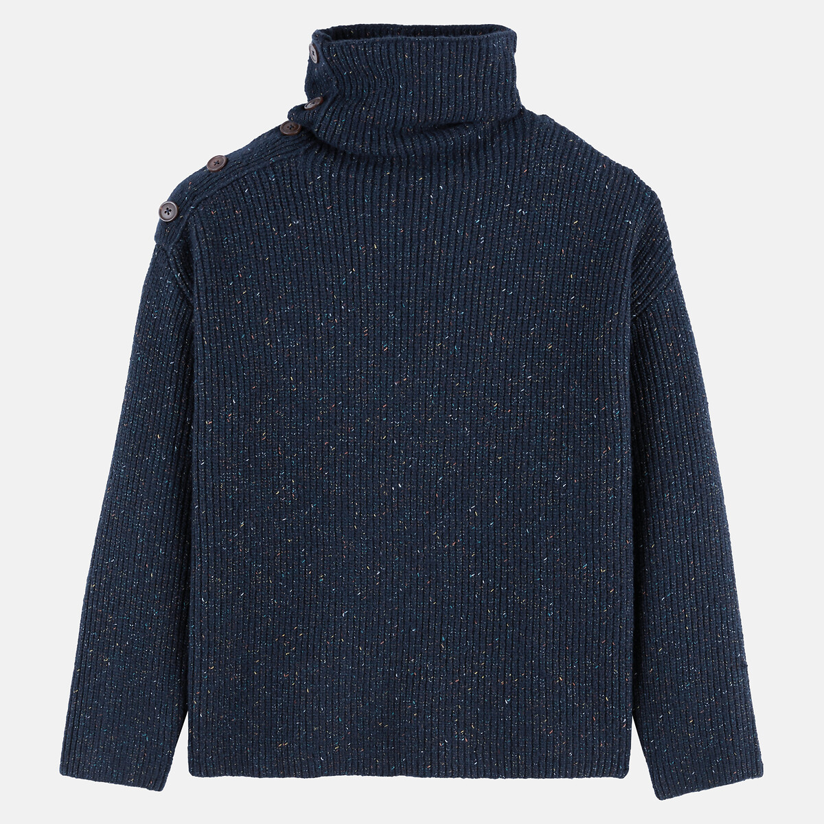 Pull chiné à col montant, avec boutons épaule marine, LA REDOUTE COLLECTIONS