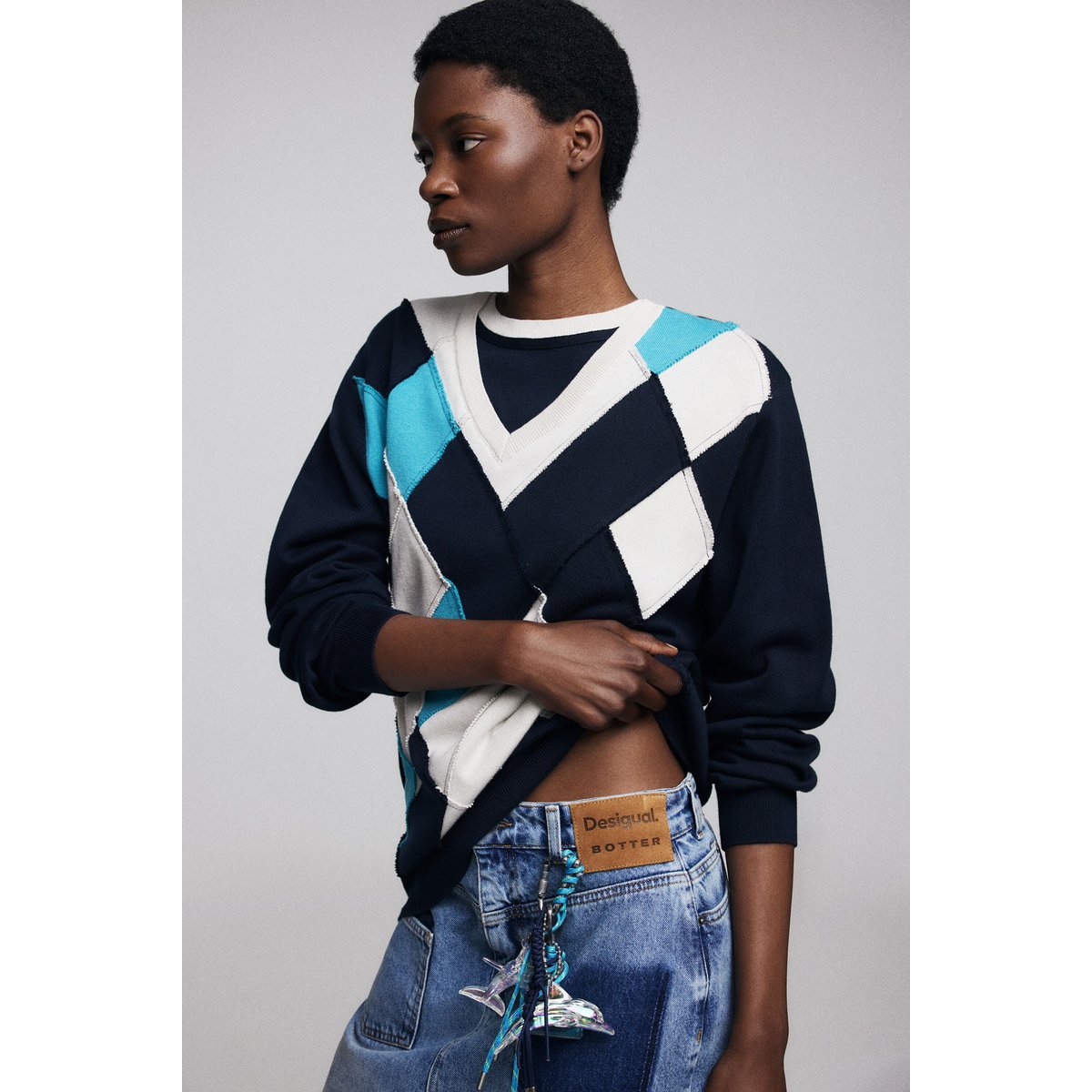 Pull à double col losanges Botter bleu, DESIGUAL