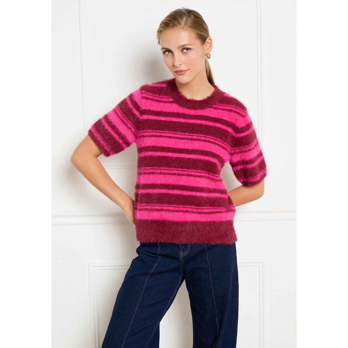 Pull doux rayé à manches courtes bordeaux wine, LOLALIZA