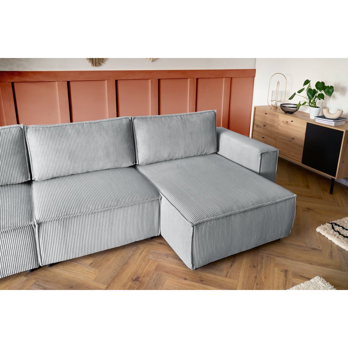 Canapé modulable 6 places en velours côtelé, NIHAD gris clair, BOBOCHIC