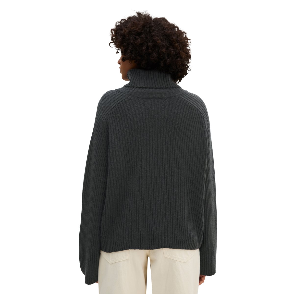 Pull à col roulé côtelé loose en doux mélange de laine vierge gris foncé, MARC O'POLO