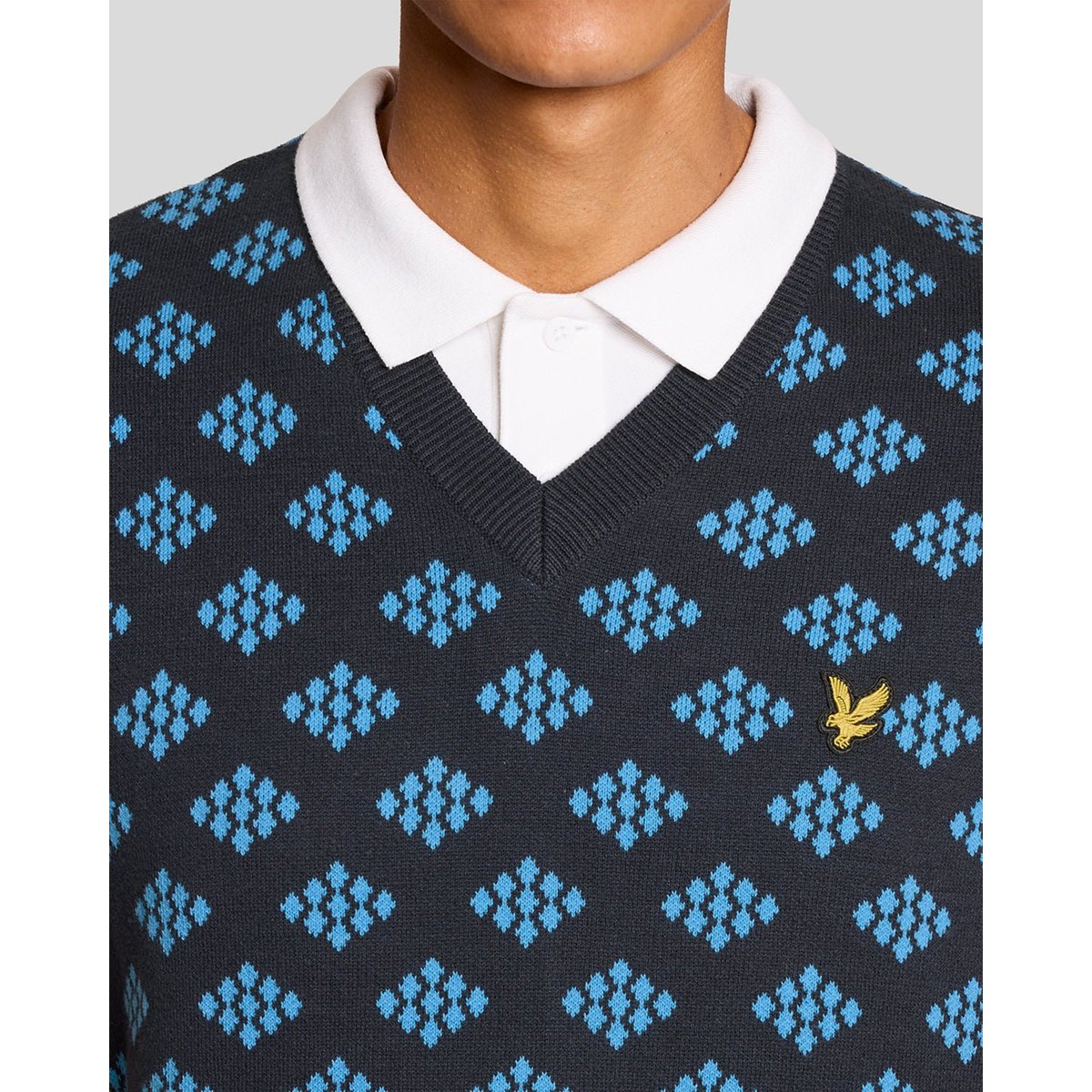 Débardeur en coton col V à losanges bleu foncé marine, LYLE & SCOTT