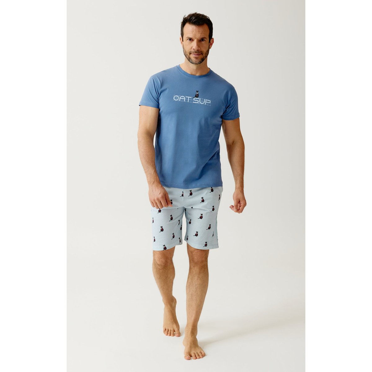 Pyjashort en jersey de coton léger imprimé Cat sup ciel, ARTHUR