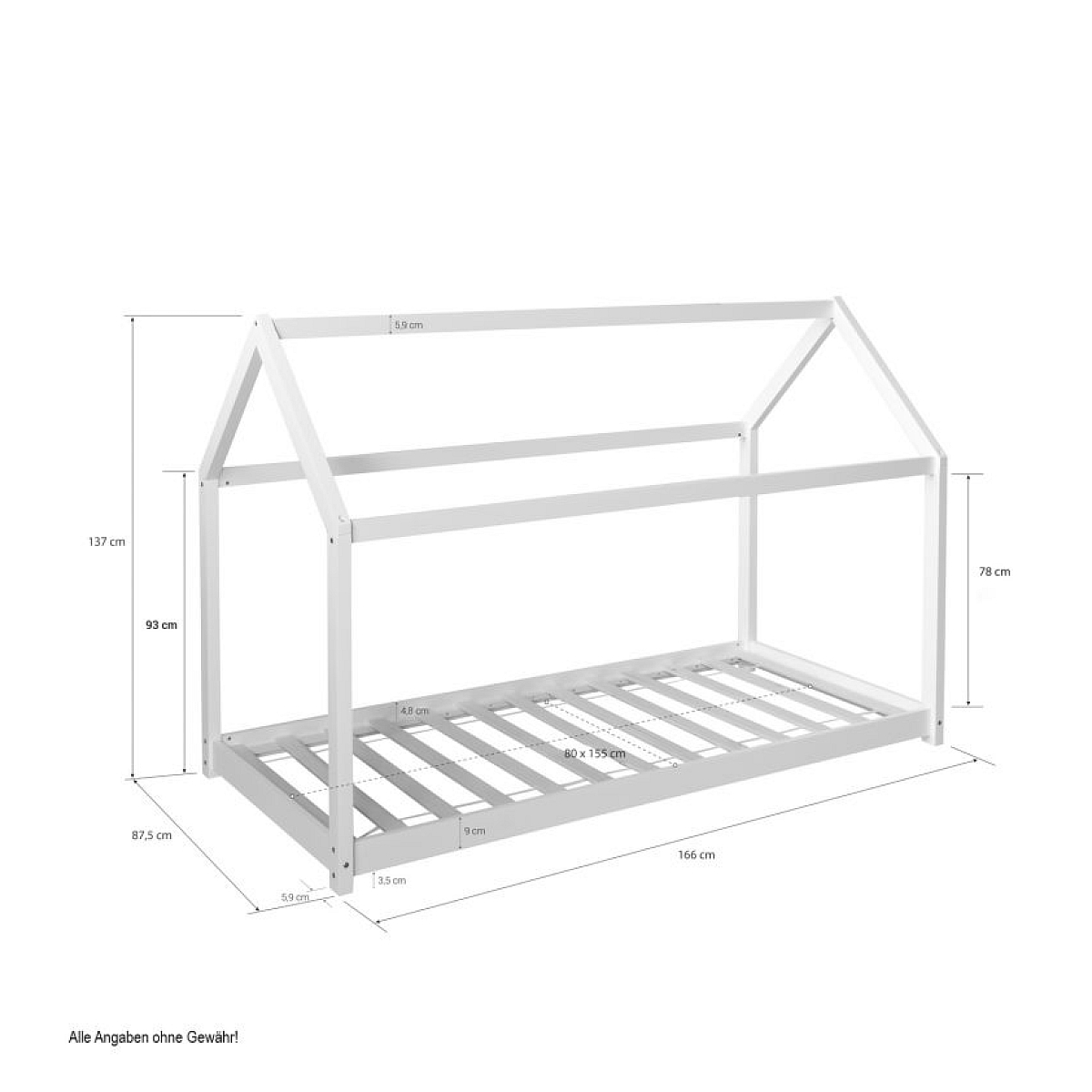 Lit enfant 80x160 blanc cabane matelas couleur unique, HOMESTYLE4U