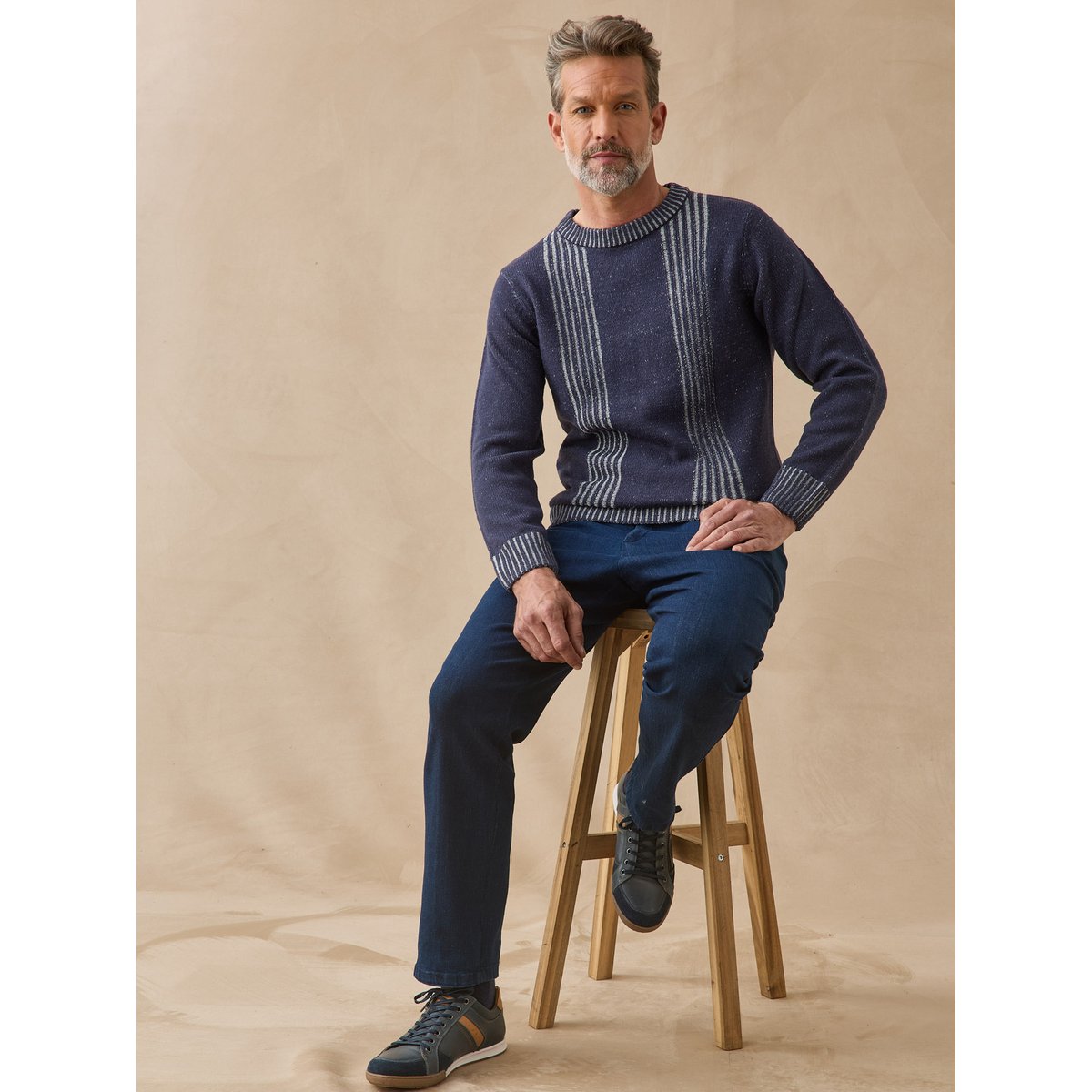 Pull col rond homme bleu chiné, DAXON