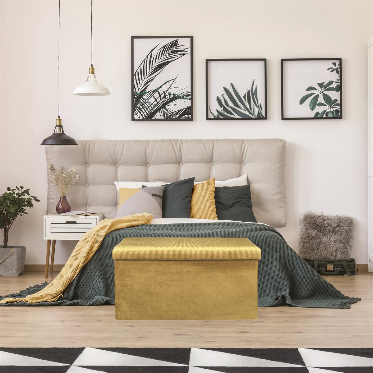 Coffre banc pliable design velours Giulia jaune, EDEN
