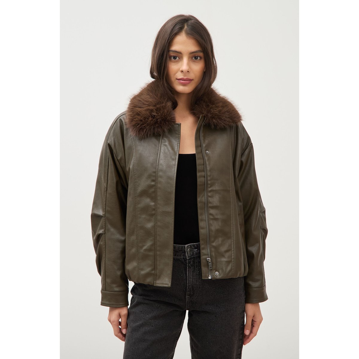 Blouson oversize manches longues vert olive, BONOBO