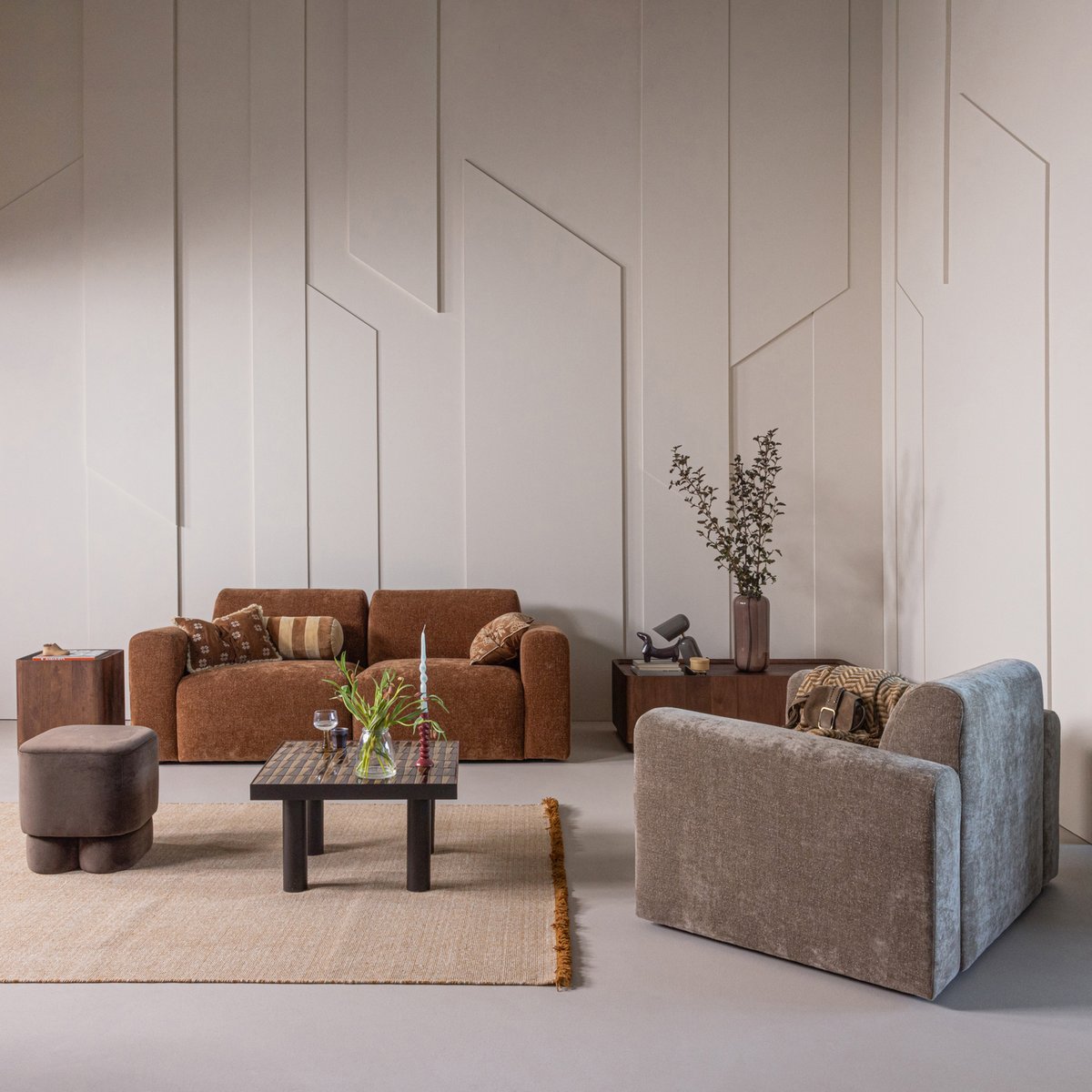 Pouf en velours VALEN marron, WOOOD