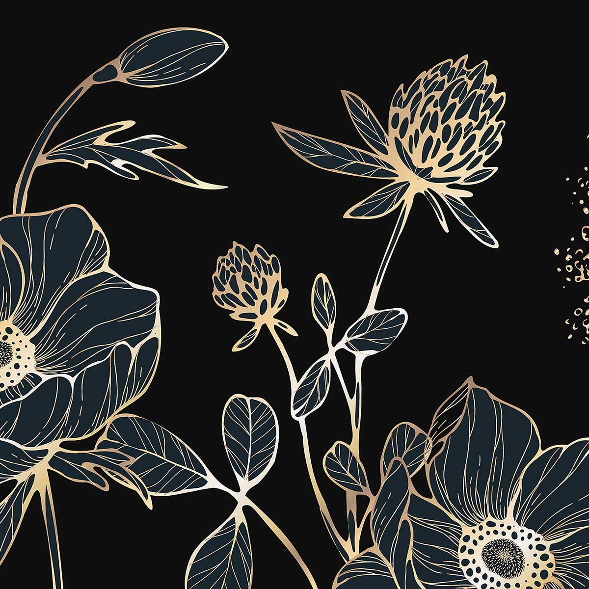 Papier peint fleurs sauvages dorées fond bleu nuit élégant bleu, HEXOA