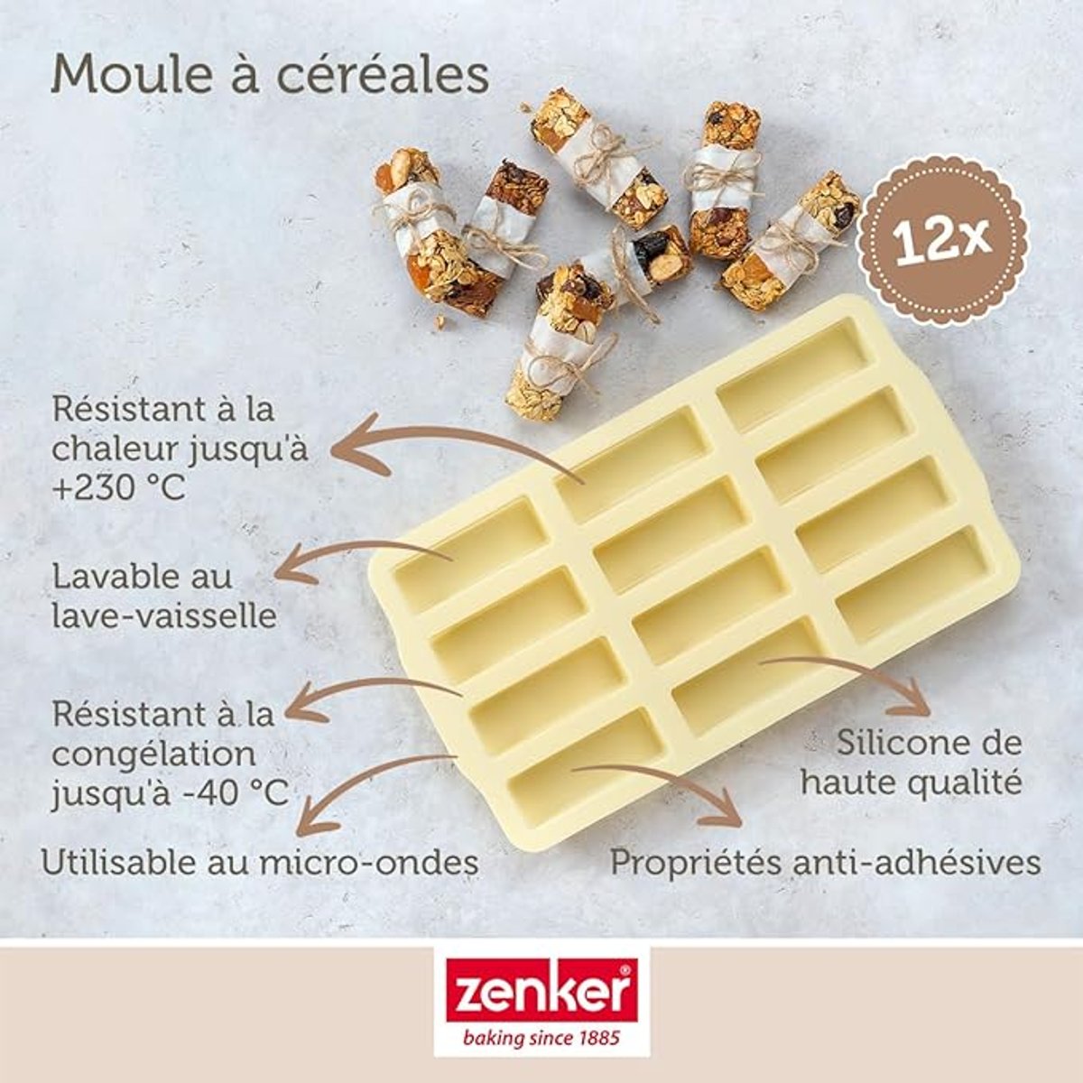Moule en silicone pour 12 barres de muesli SWEET SENSATION beige, ZENKER