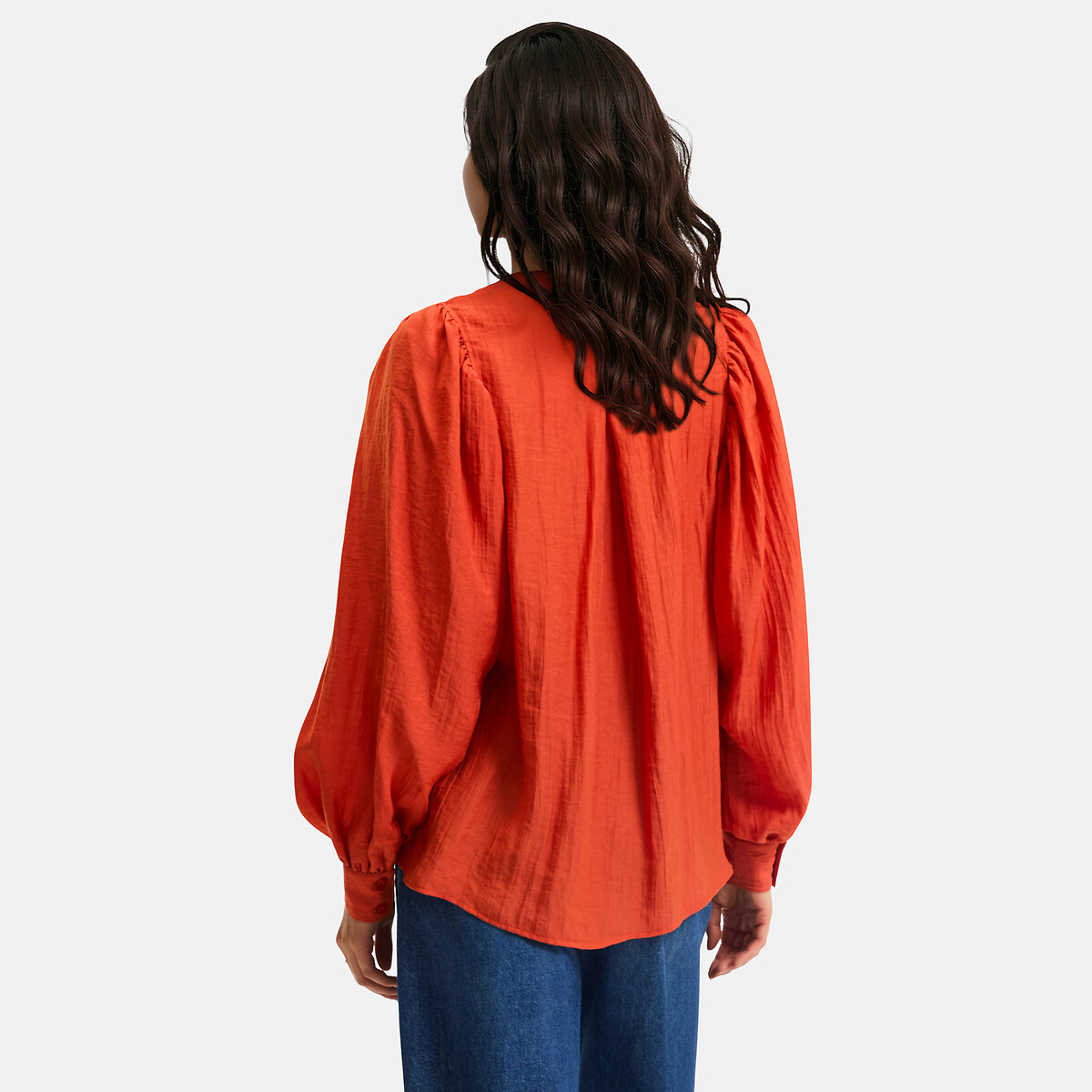 Blouse col rond boutonnée manches longues orange, LA REDOUTE COLLECTIONS