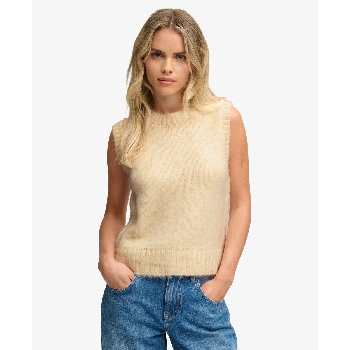 Débardeur en Maille Brossée Col Rond crème brûlée, SUPERDRY