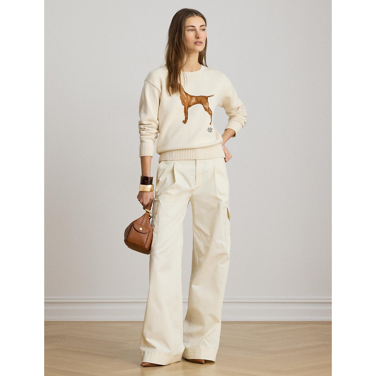Pull col rond à motif chien crème, LAUREN RALPH LAUREN
