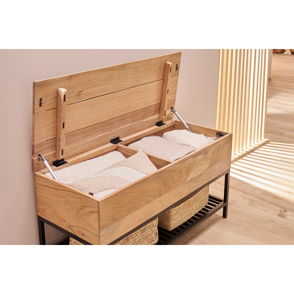 Banc d'entrée industriel avec coffre de rangement en bois massif et métal noir L100 cm SORG marron, MILIBOO