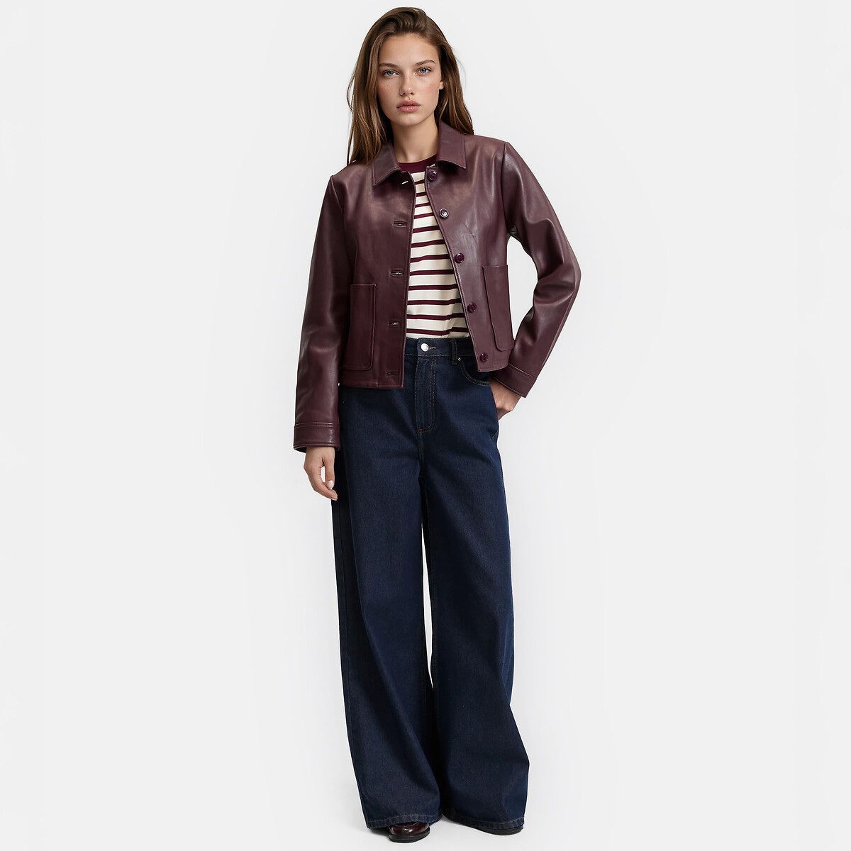 Veste courte boutonnée en cuir, Signature ABELLE rouge bordeaux, LA REDOUTE COLLECTIONS