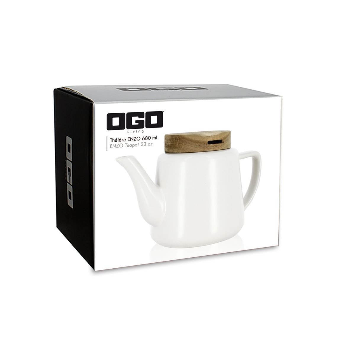 Théière en porcelaine avec couvercle en bois 680ml, ENZO blanc-naturel, OGO LIVING