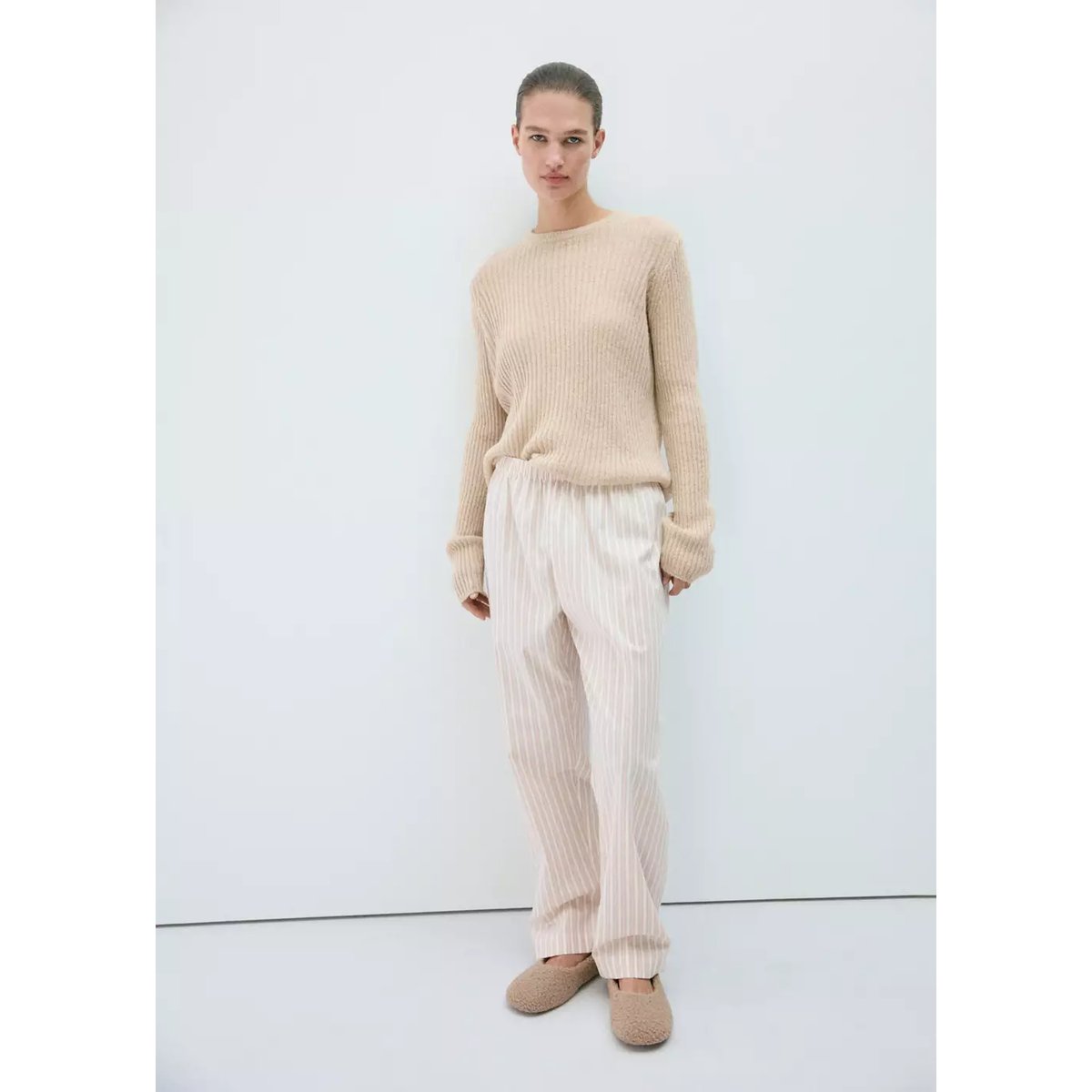 Pull-over maille côtelée beige, MANGO