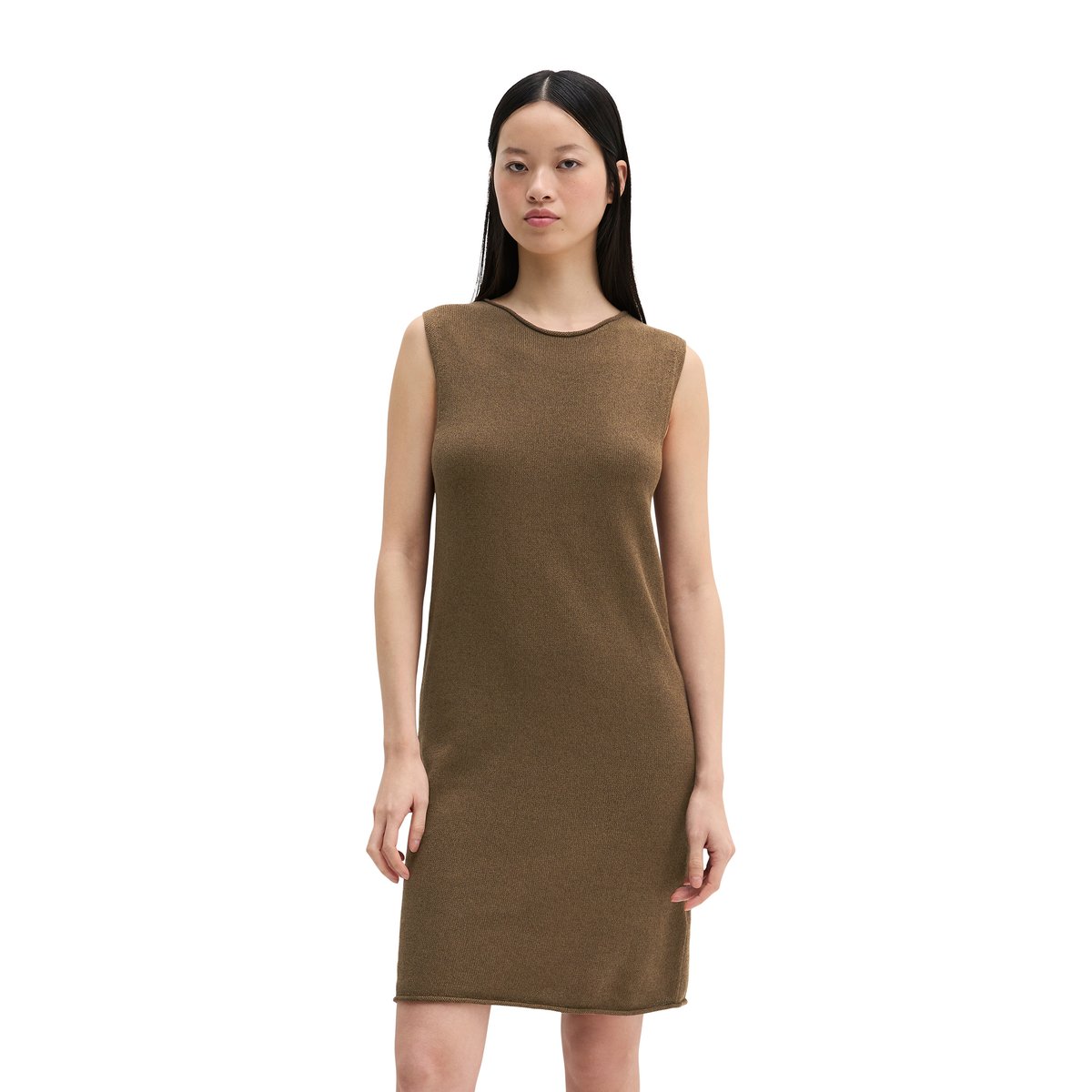 Robe en tricot sans manches shaped en mélange coton organique-lin marron foncé, MARC O'POLO
