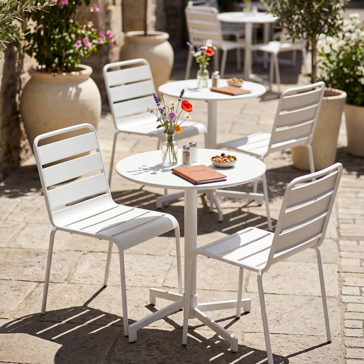 Salon de jardin table ronde et 2 chaises en métal, PALAVAS blanc, OVIALA