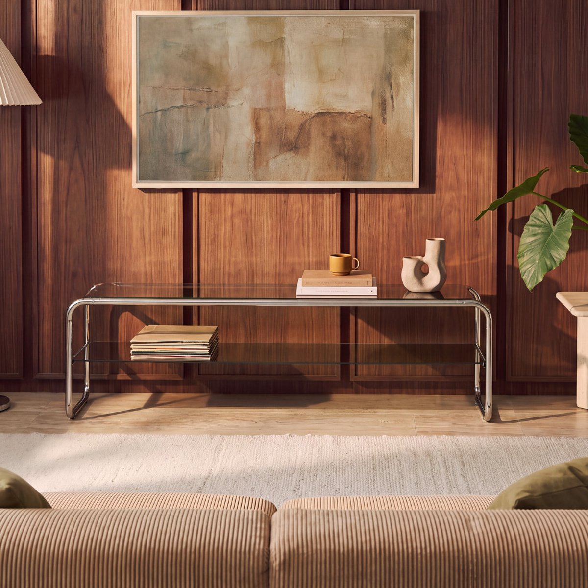 Meuble TV en verre et pieds chrome L 160 cm- DELIO verre ambré, DRAWER