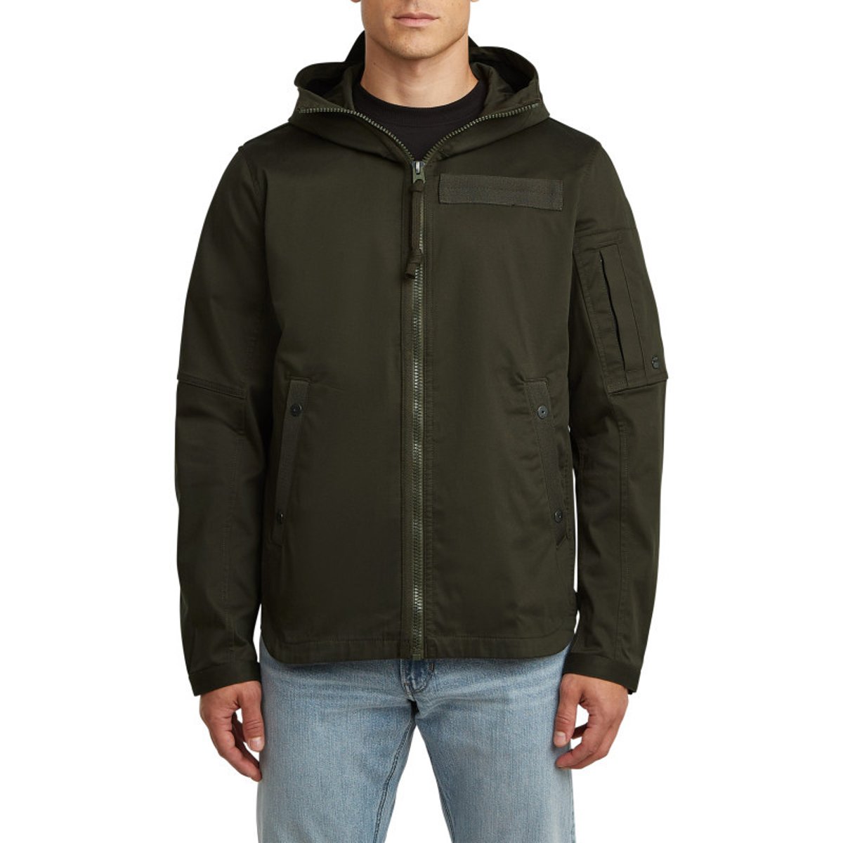 Blouson en coton biologique kaki uni avec une coupe droite et un col à capuche vert, G-Star RAW