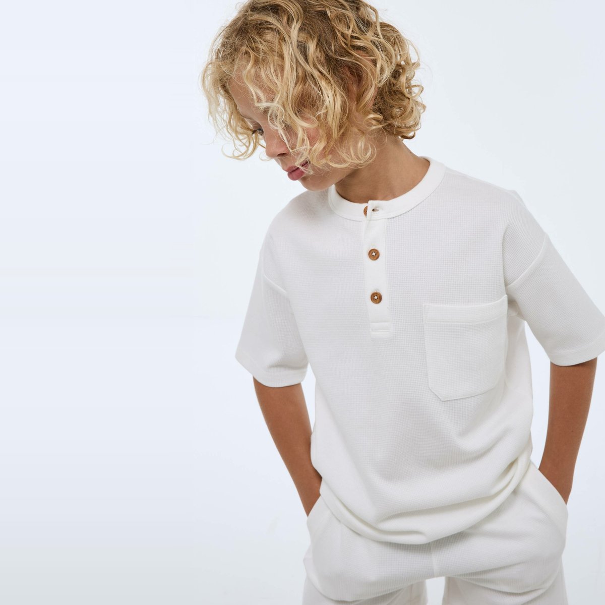 T-shirt manches courtes uni en nid d'abeille en coton BIO GOTS ecru, MONOPRIX