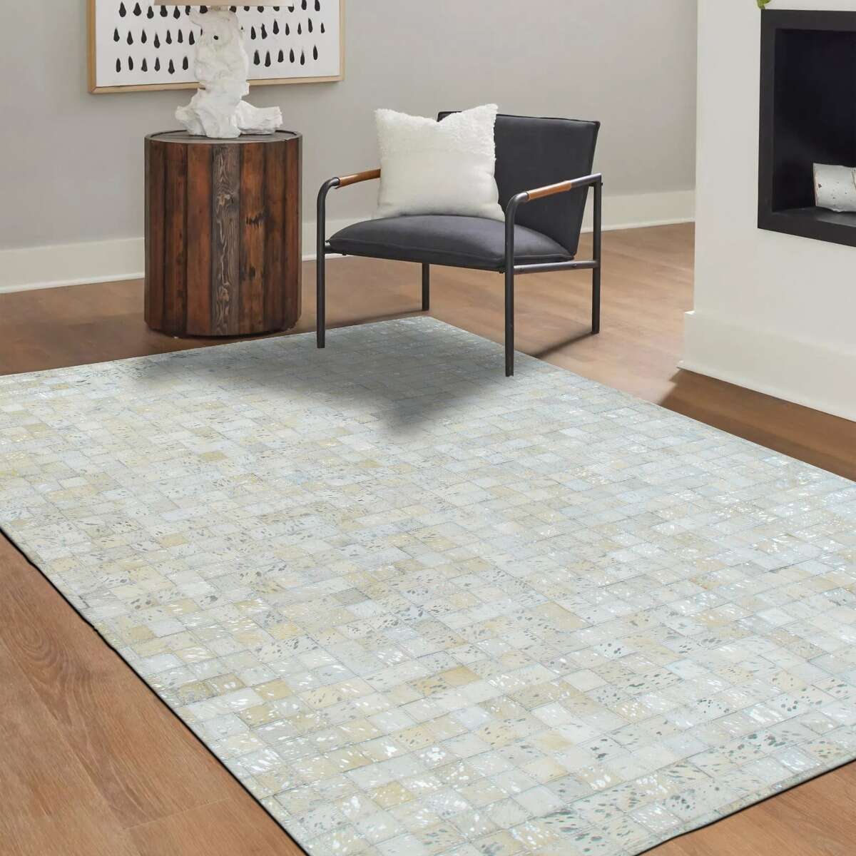 Tapis en cuirs recyclés et é CUIR MOZAIQUE METAL SILVER blanc, argenté, THE DECO FACTORY