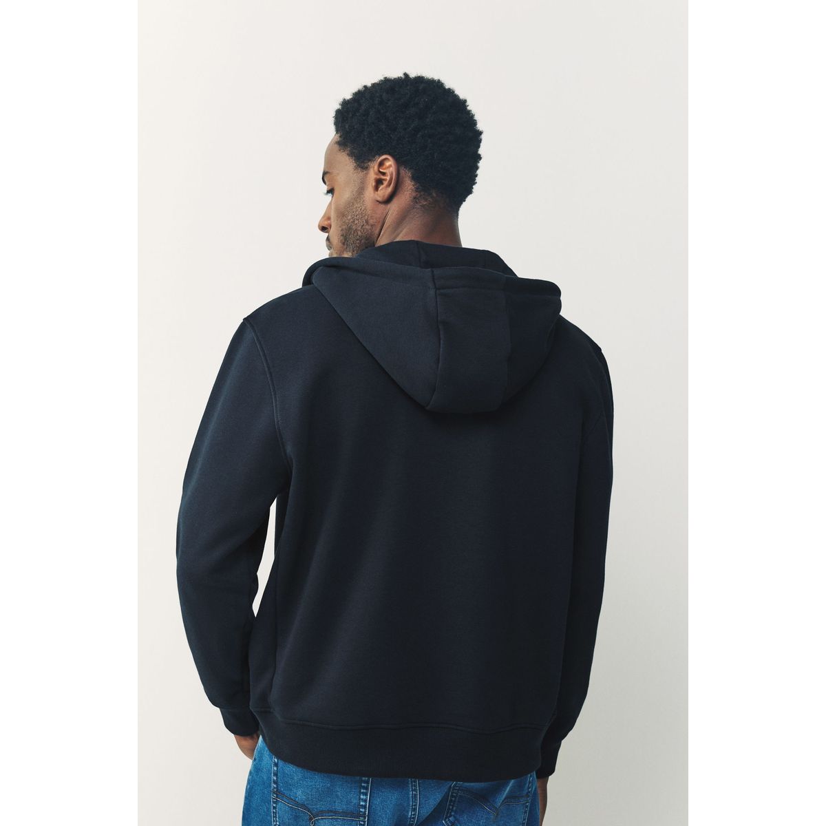 Sweat à capuche zippé en coton bleu marine, NEXT