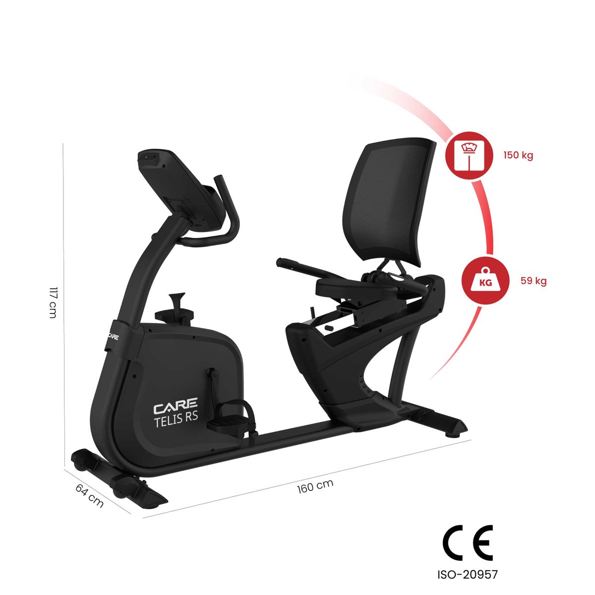 Vélo semi allongé auto-alimenté - TELIS RS - ergomètre connecté noir, CARE FITNESS