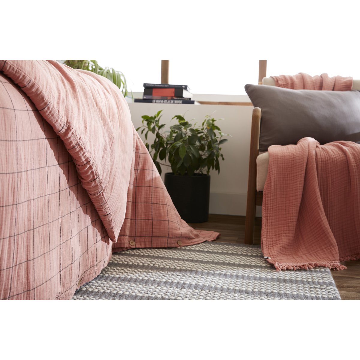 Housse de couette en double gaze de coton Gaia match rose, EDEN