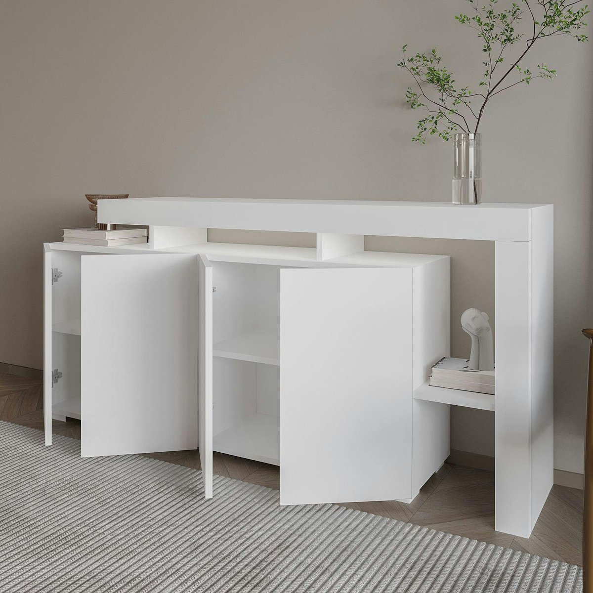 Buffet asymétrique 4 portes, éclairage LED AURA blanc, PIER IMPORT