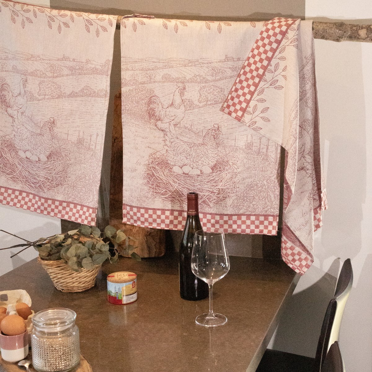 Torchon en coton poule campagne rouge, SUD ETOFFE