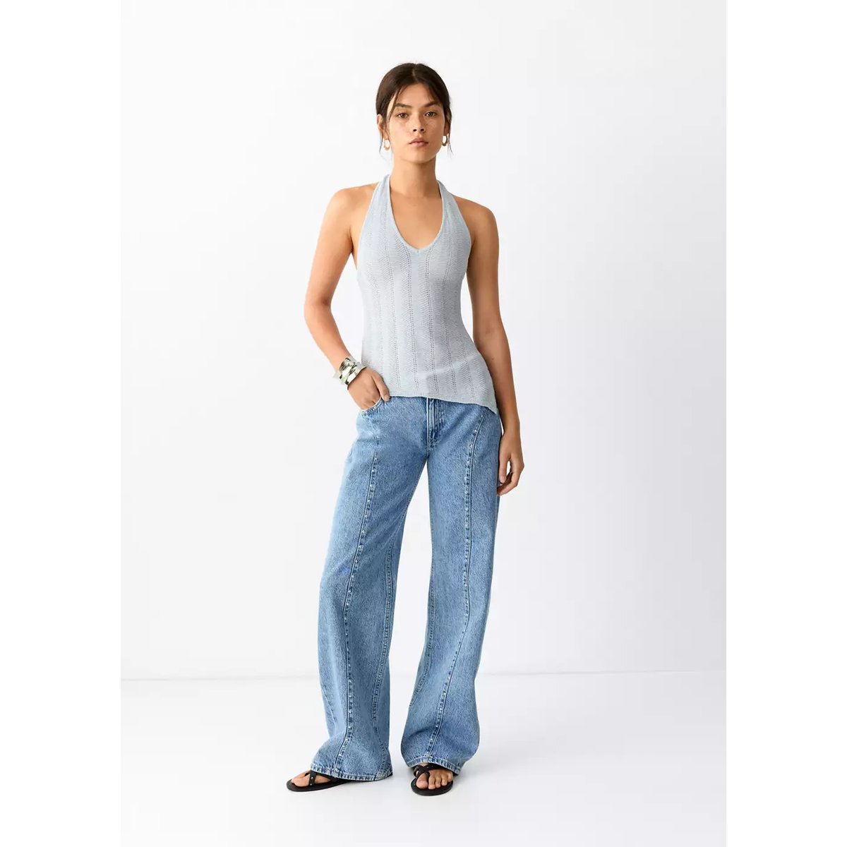 Jean taille basse à clous bleu moyen, MANGO TEEN