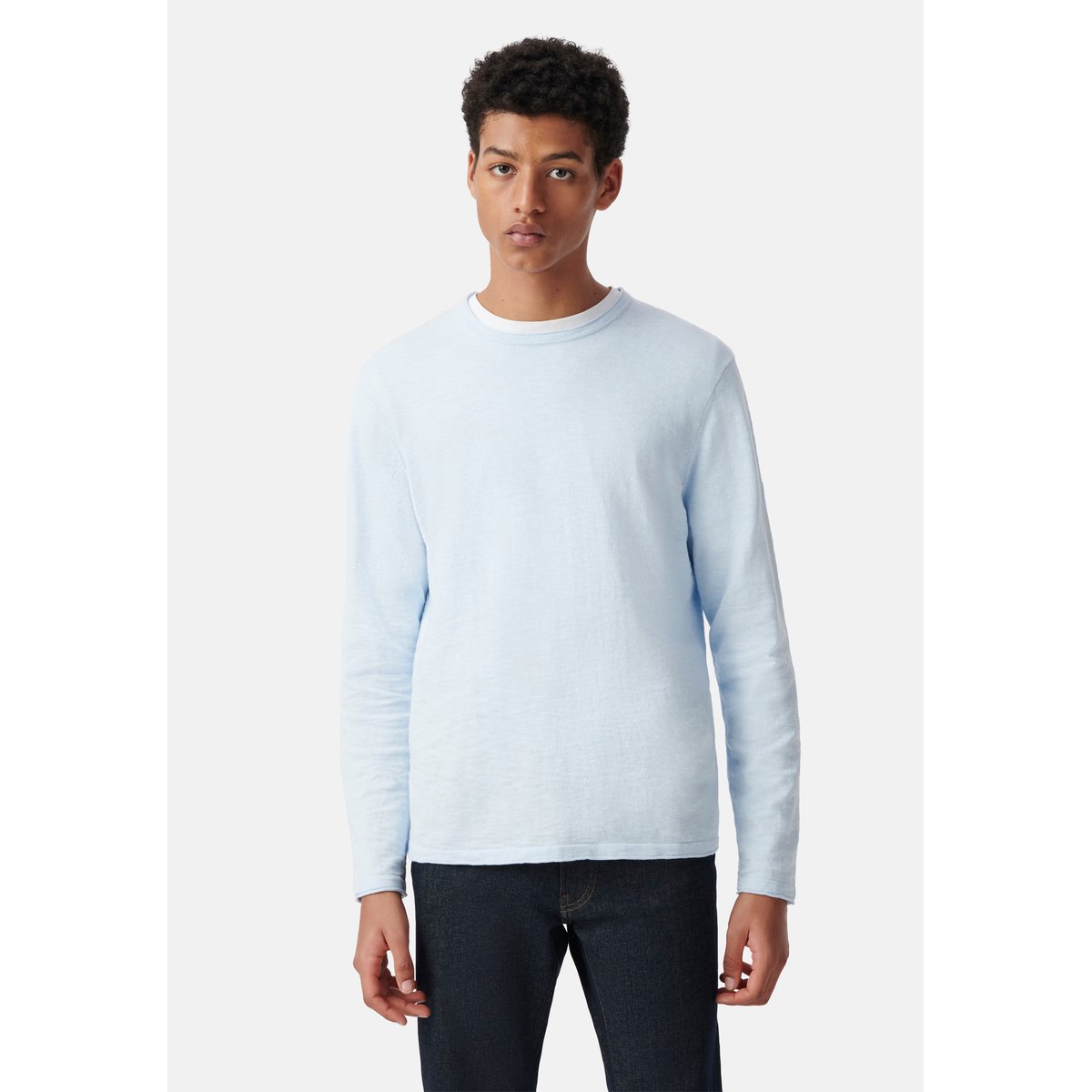 Pull tricot flammé bords roulottés bleu ciel, IKKS
