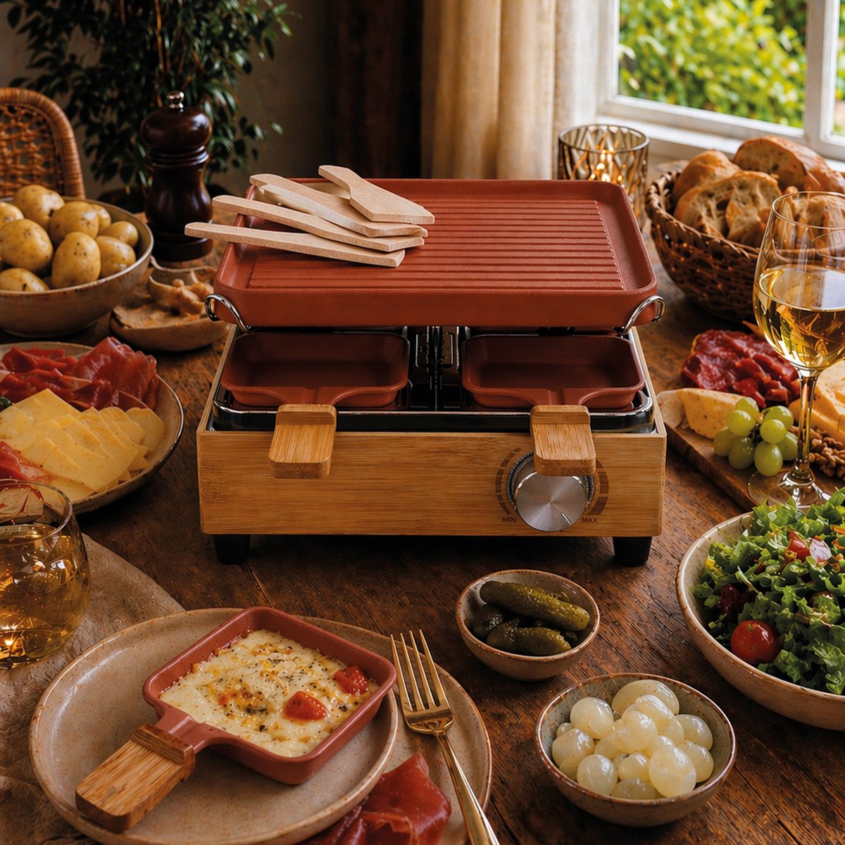 Appareil à raclette 4 personnes naturel-noir-terracotta, MENASTYL