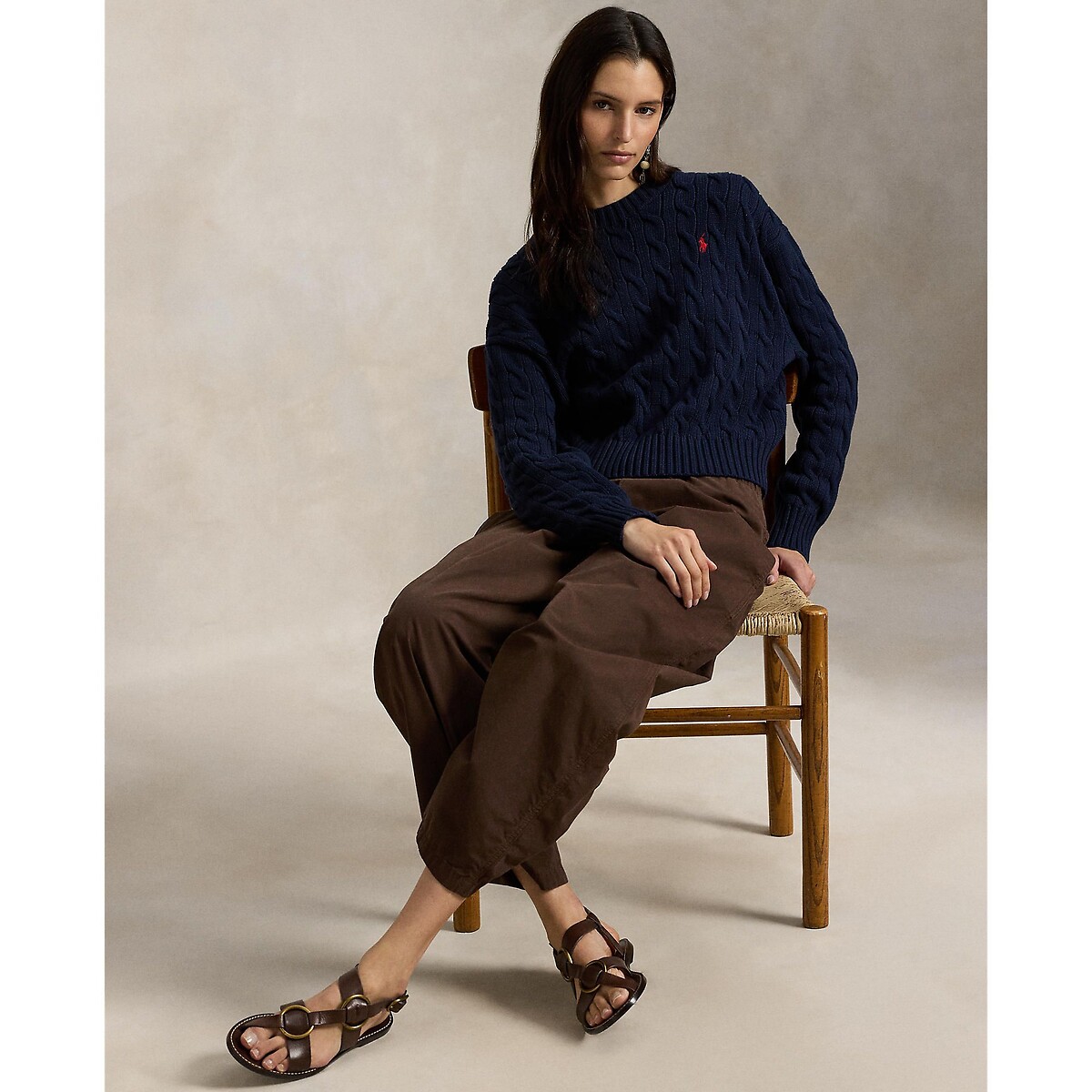 Cable Knit Crew Neck Long Sleeve Loose Fit Jumper navy, POLO RALPH LAUREN
