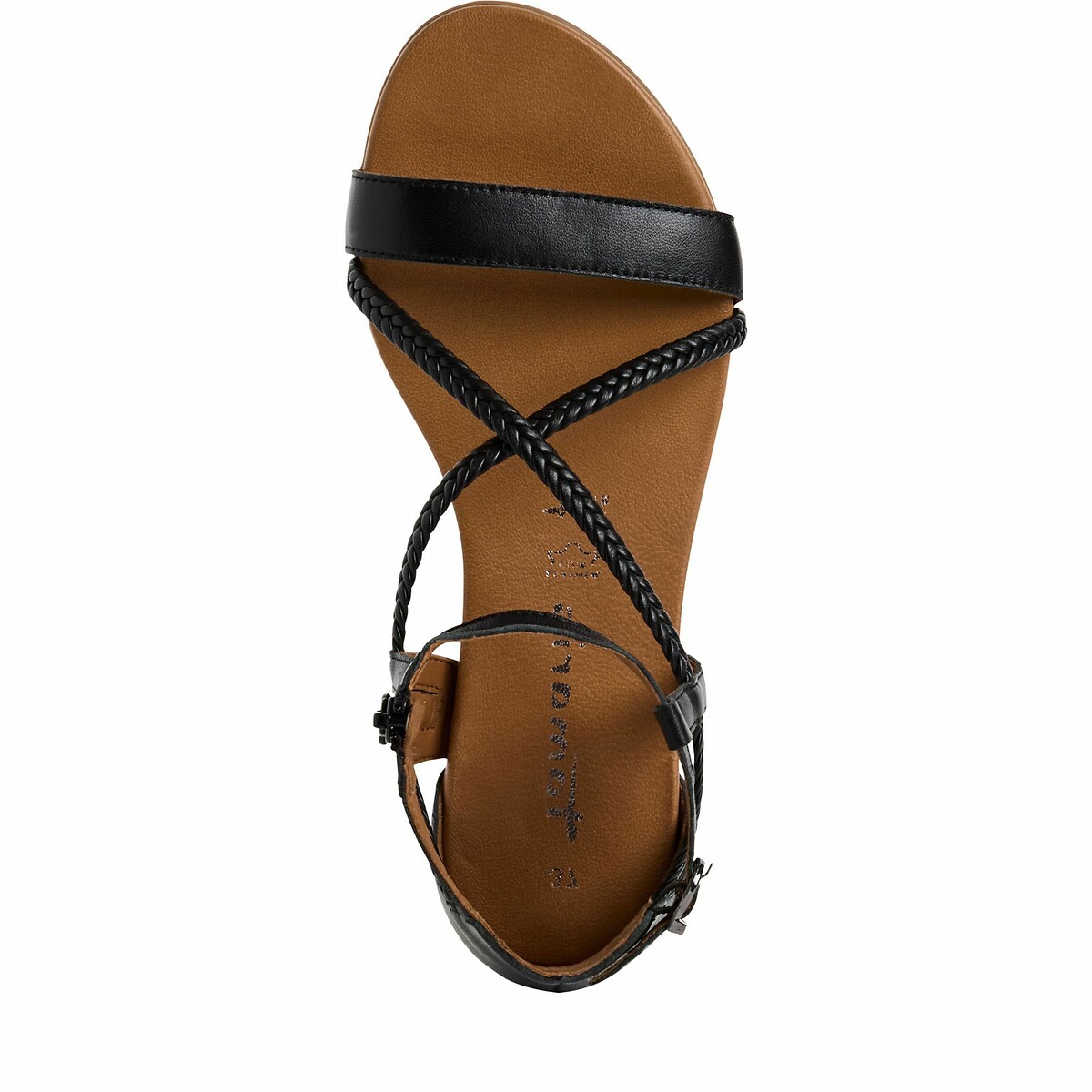 Sandales en cuir talon plat noir, TAMARIS