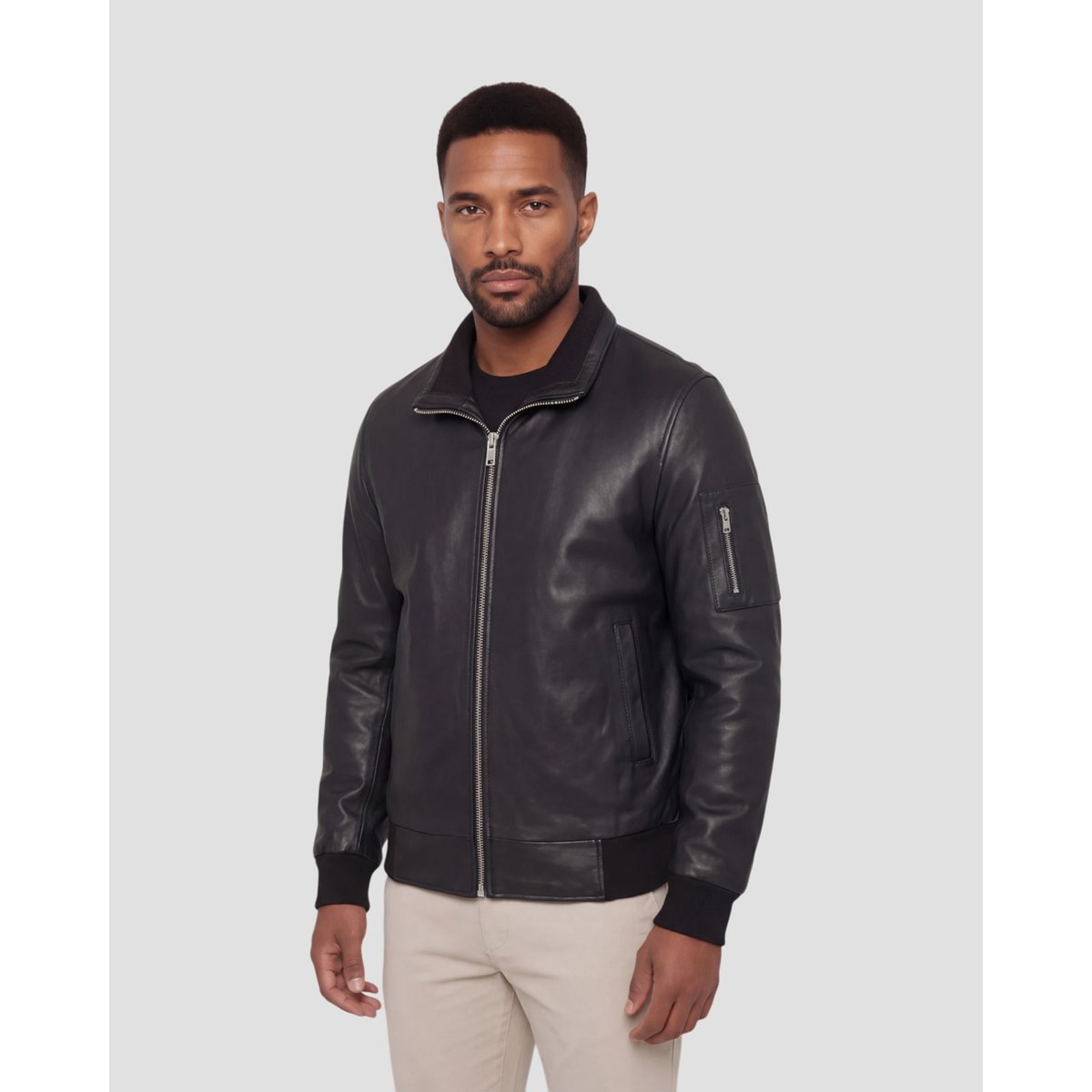 Blouson col montant, cuir d'agneau noir, SCHOTT